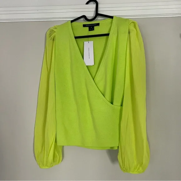 NWT French Connection Mozart Melody Mix V-Neck Jumper Lime Green Balloon Sleeves - Picture 3 of 9